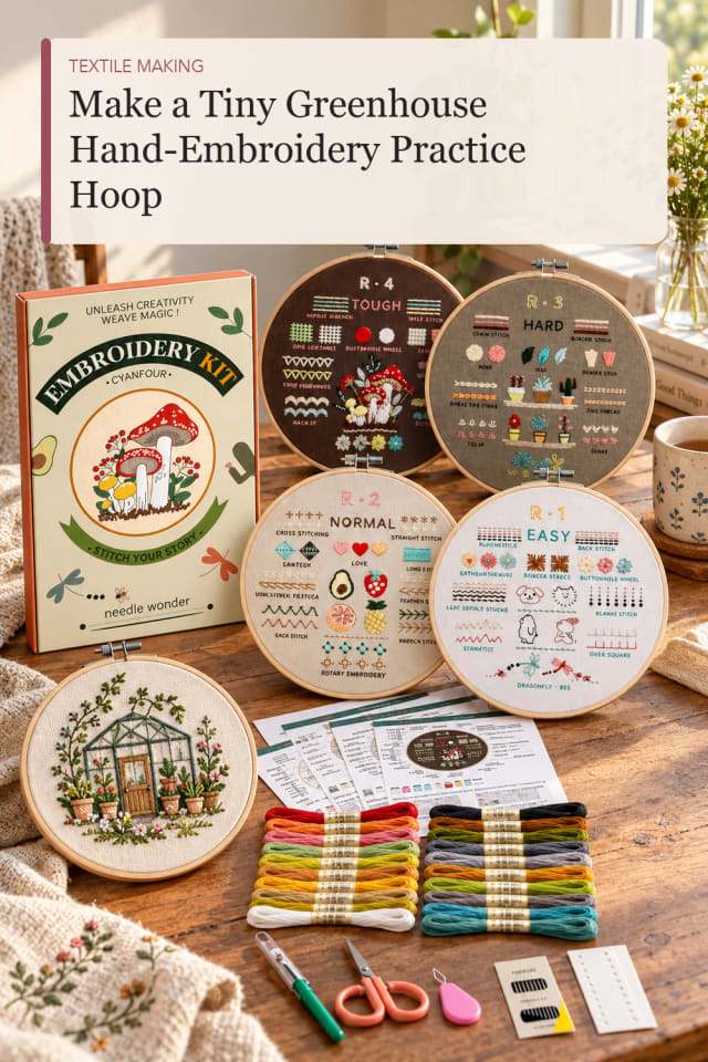 Tiny Greenhouse Hand Embroidery Practice Hoop — Sewing and Textile Craft Project for Creative Makers maker-lifestyle pin