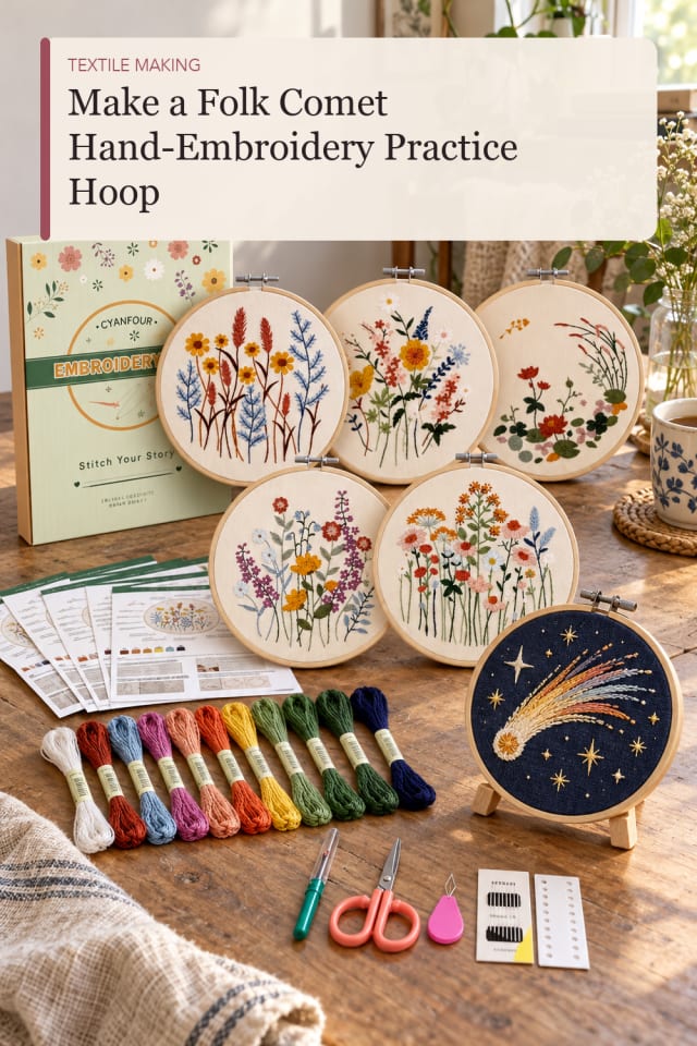 Folk Comet Hand Embroidery Practice Hoop — Creative Sewing and Textile Project Idea for Craft Lovers maker-lifestyle pin