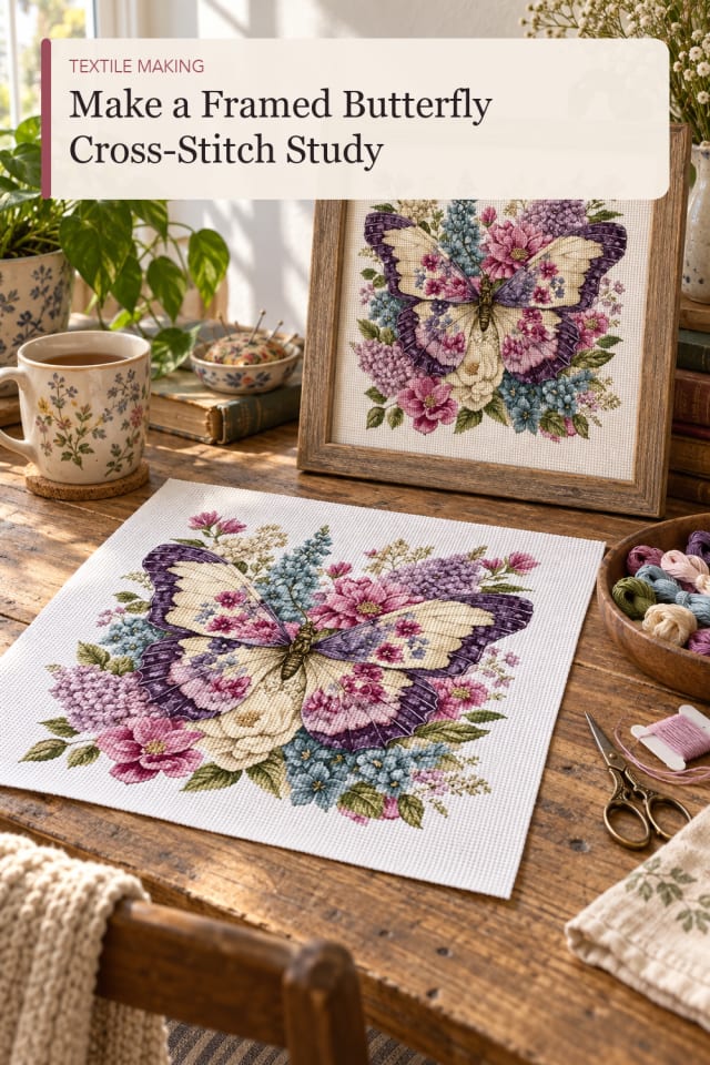 Framed Butterfly Cross Stitch Study — DIY Sewing and Textile Project Inspiration for Creative Makers maker-lifestyle pin