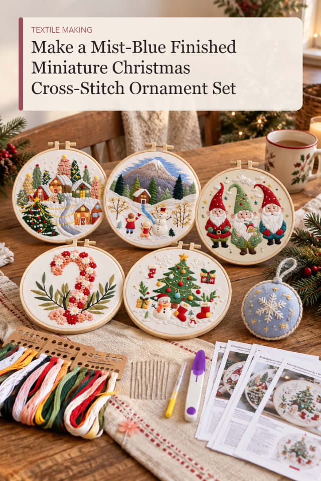 Mist Blue Finished Miniature Christmas Cross Stitch Ornament Set — Sewing and Textile Craft Project maker-lifestyle pin