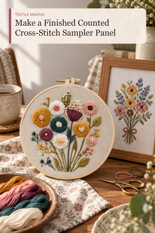 Finished Counted Cross Stitch Sampler Panel — Sewing and Textile Project Idea and Supply Inspiration maker-lifestyle pin