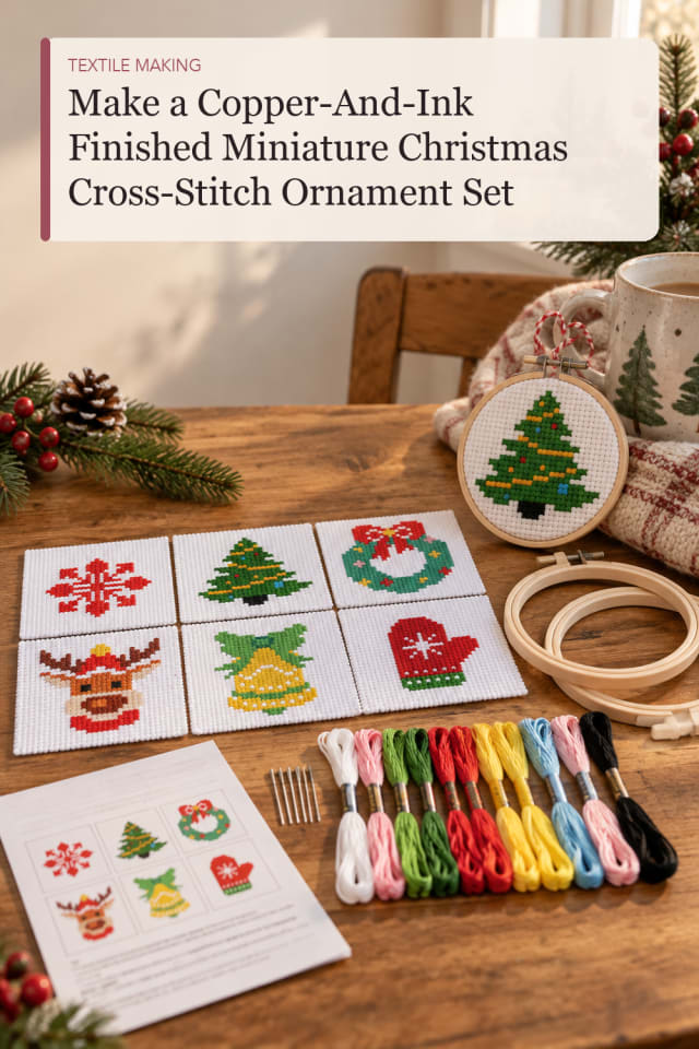 Copper And Ink Finished Miniature Christmas Cross Stitch Ornament Set — DIY Craft Project for Makers maker-lifestyle pin