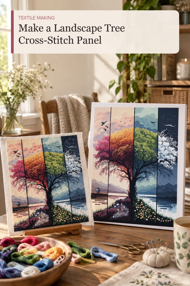 Landscape Tree Cross Stitch Panel — Creative Sewing and Textile Craft Project and Supply Inspiration maker-lifestyle pin