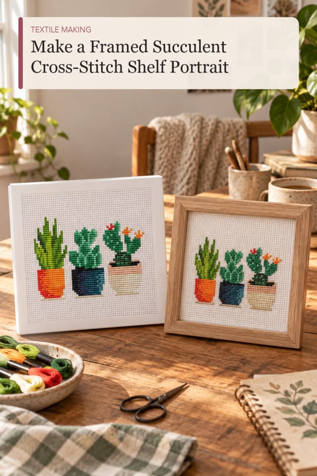 Framed Succulent Cross Stitch Shelf Portrait — DIY Sewing and Textile Project Inspiration for Makers maker-lifestyle pin