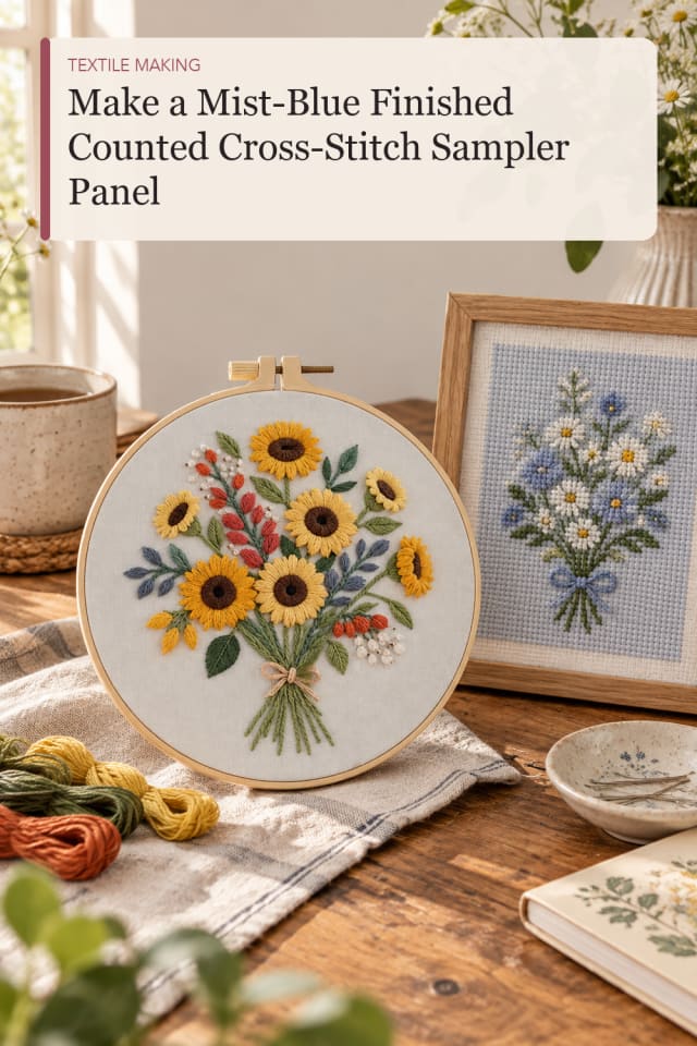 Mist Blue Finished Counted Cross Stitch Sampler Panel — Sewing and Textile Craft Project for Makers maker-lifestyle pin