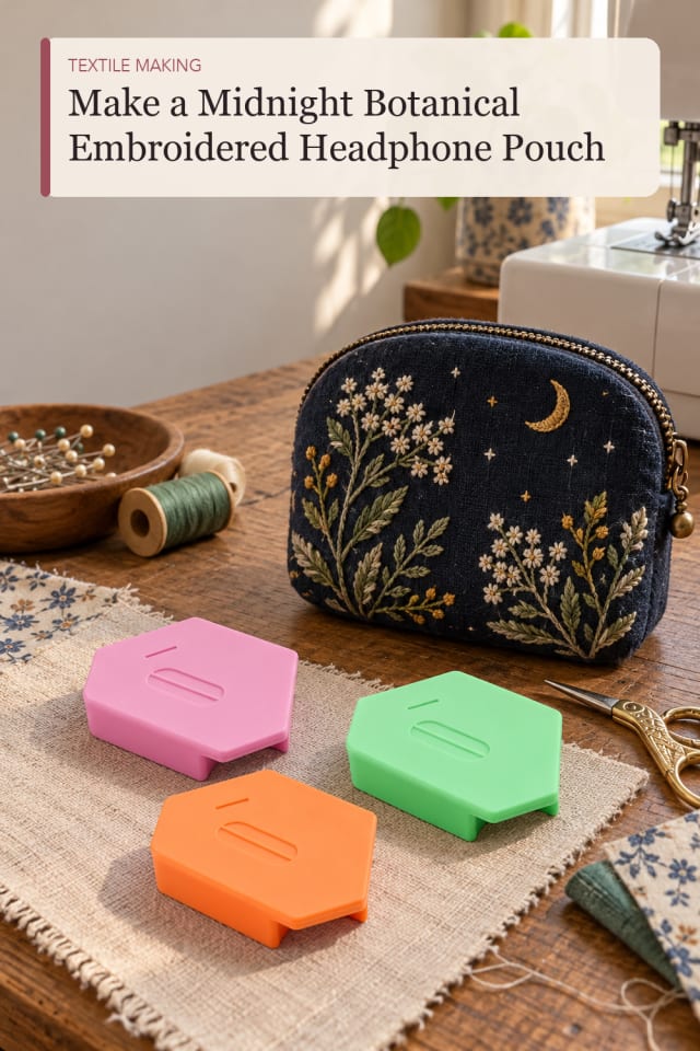 Midnight Botanical Embroidered Headphone Pouch — Creative Sewing and Textile Project Idea for Makers maker-lifestyle pin