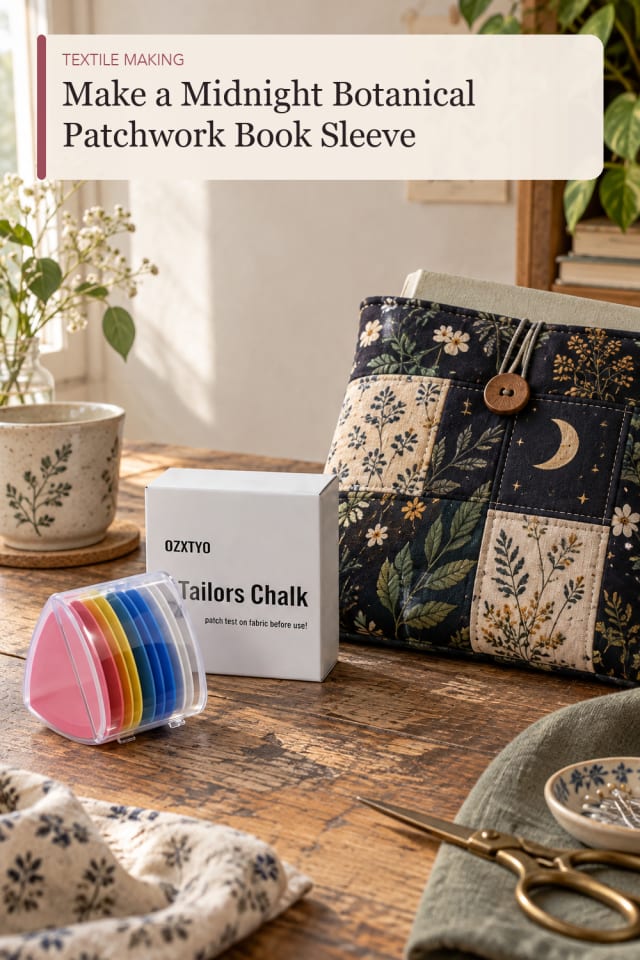 Midnight Botanical Patchwork Book Sleeve — Creative Sewing and Textile Project Idea for Craft Lovers maker-lifestyle pin