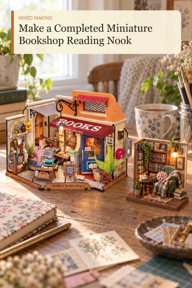 Completed Miniature Bookshop Reading Nook — Creative Mixed Media Project Idea and Supply Inspiration maker-lifestyle pin
