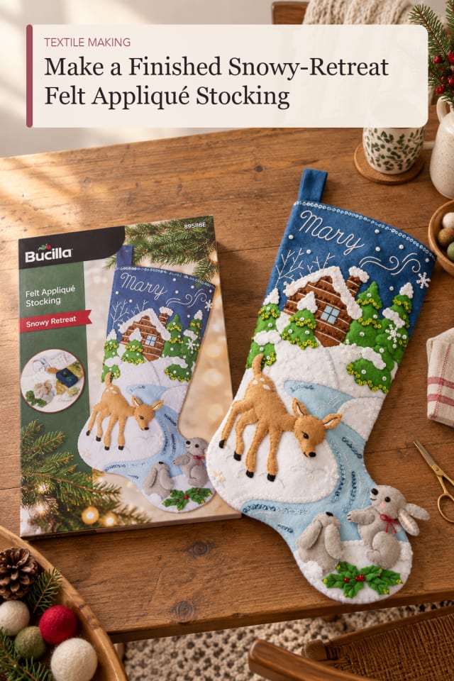 Finished Snowy Retreat Felt Appliqu Stocking — DIY Sewing and Textile Project Inspiration for Makers maker-lifestyle pin