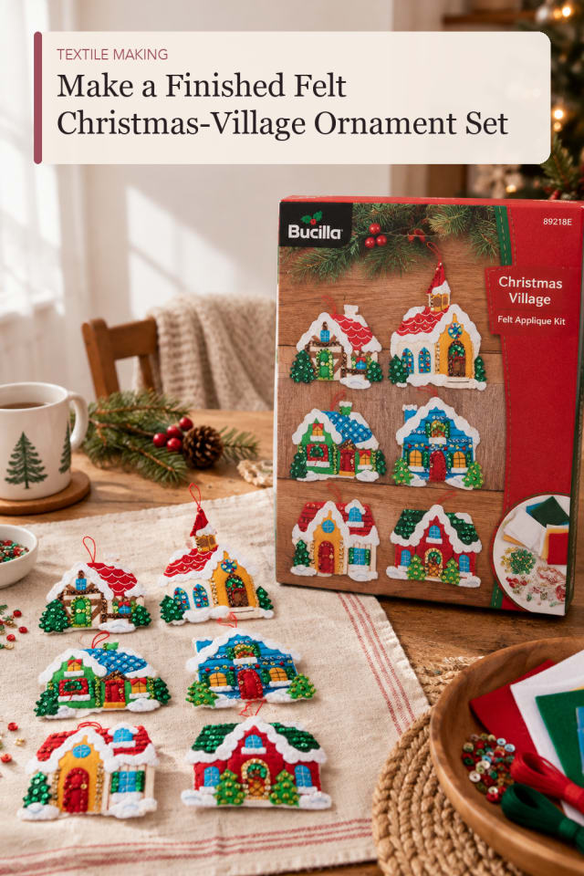 Finished Felt Christmas Village Ornament Set — DIY Sewing and Textile Project Inspiration for Makers maker-lifestyle pin