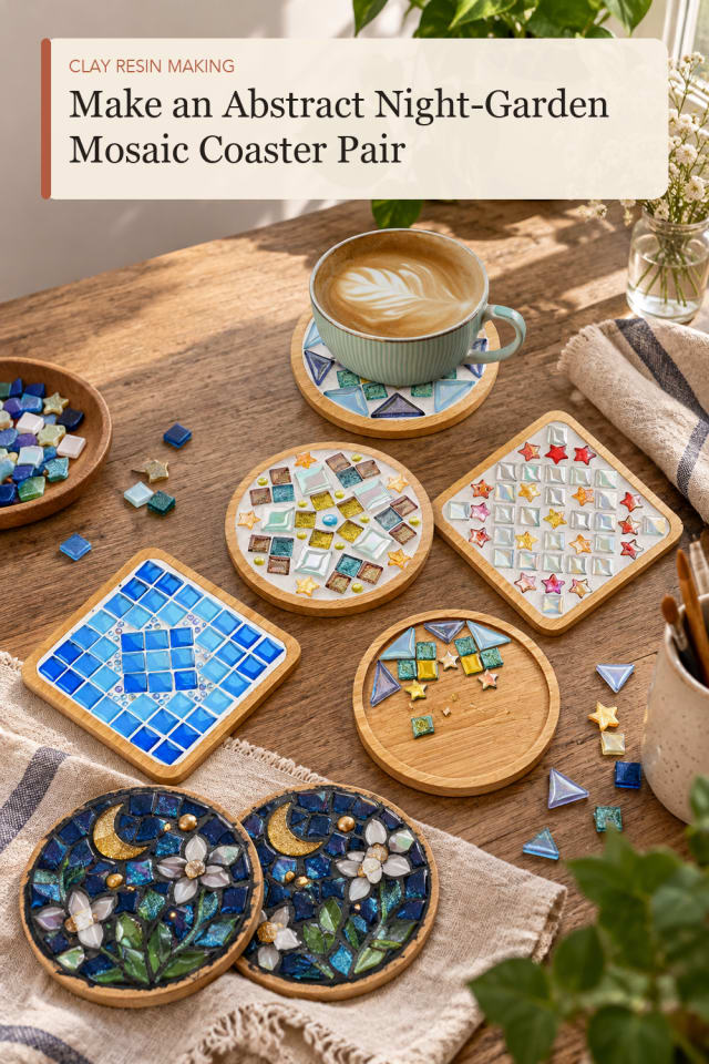 Abstract Night Garden Mosaic Coaster Pair — DIY Clay and Resin Craft Project and Supply Inspiration maker-lifestyle pin