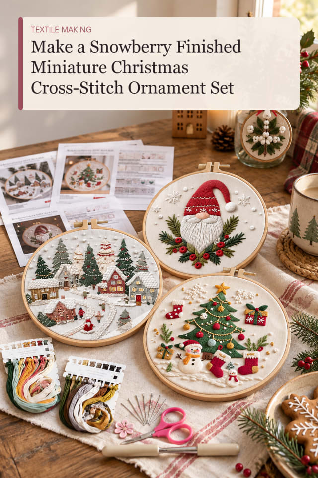 Snowberry Finished Miniature Christmas Cross Stitch Ornament Set — Sewing and Textile Craft Project maker-lifestyle pin