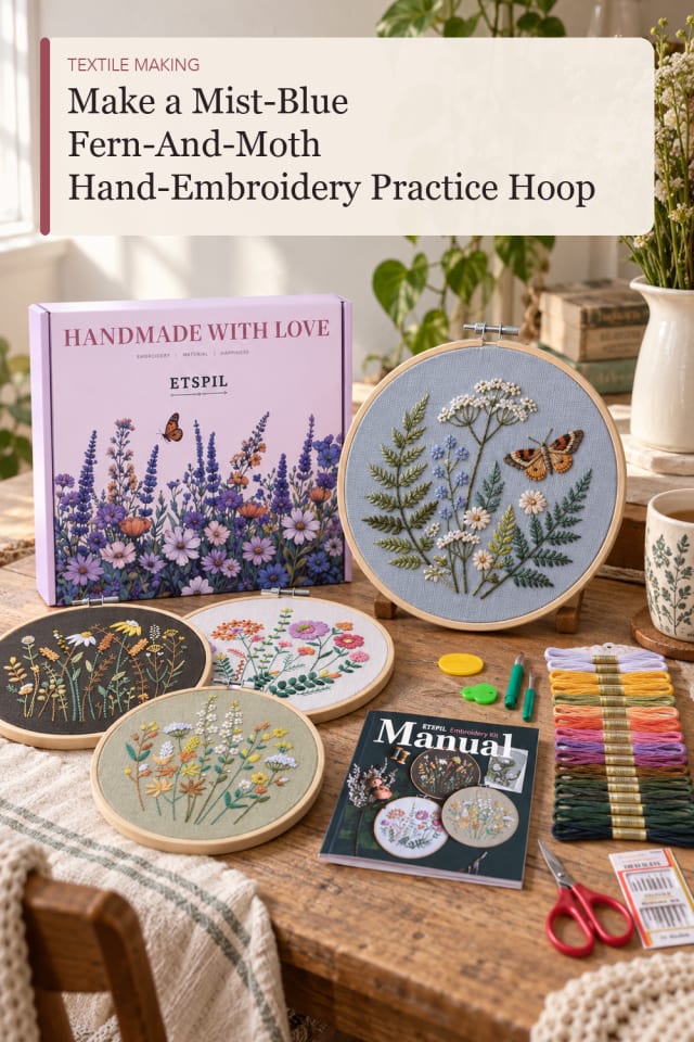 Mist Blue Fern And Moth Hand Embroidery Practice Hoop — Sewing and Textile Craft Project for Makers maker-lifestyle pin