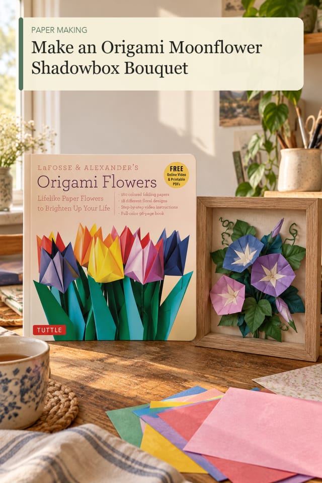 Origami Moonflower Shadowbox Bouquet — Creative Paper Craft Project Inspiration for Creative Makers maker-lifestyle pin