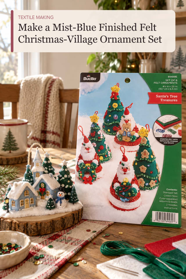 Mist Blue Finished Felt Christmas Village Ornament Set — Sewing and Textile Craft Project for Makers maker-lifestyle pin