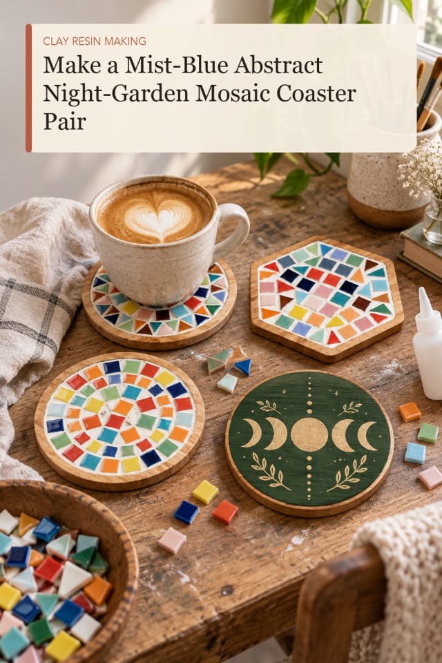 Mist Blue Abstract Night Garden Mosaic Coaster Pair — Clay and Resin Project Inspiration for Makers maker-lifestyle pin