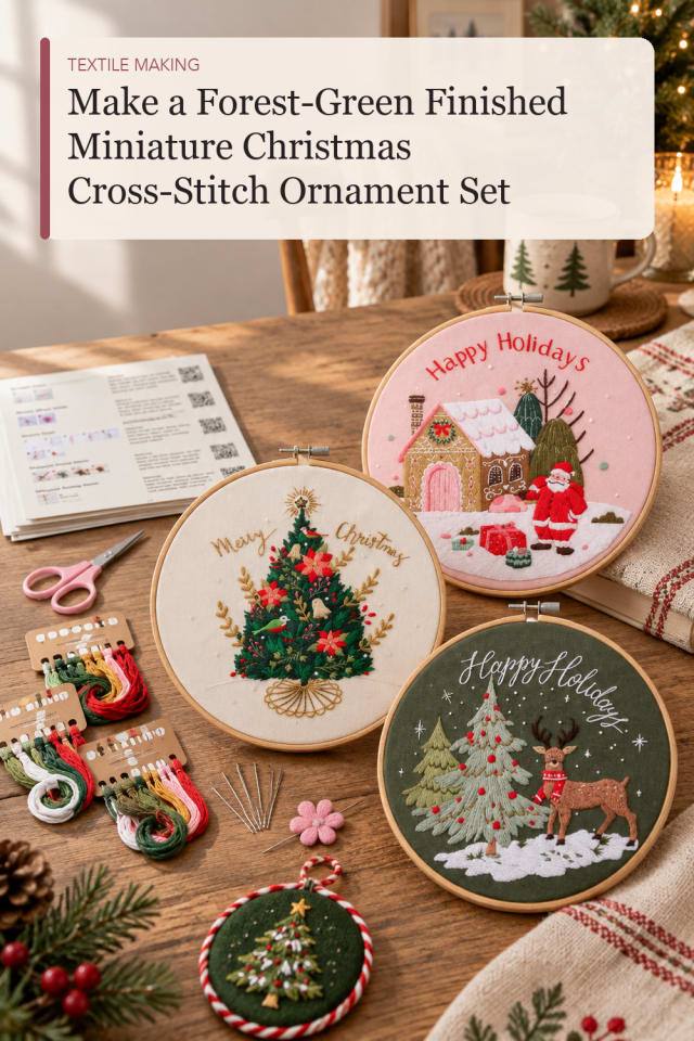 Forest Green Finished Miniature Christmas Cross Stitch Ornament Set — DIY Craft Project for Makers maker-lifestyle pin