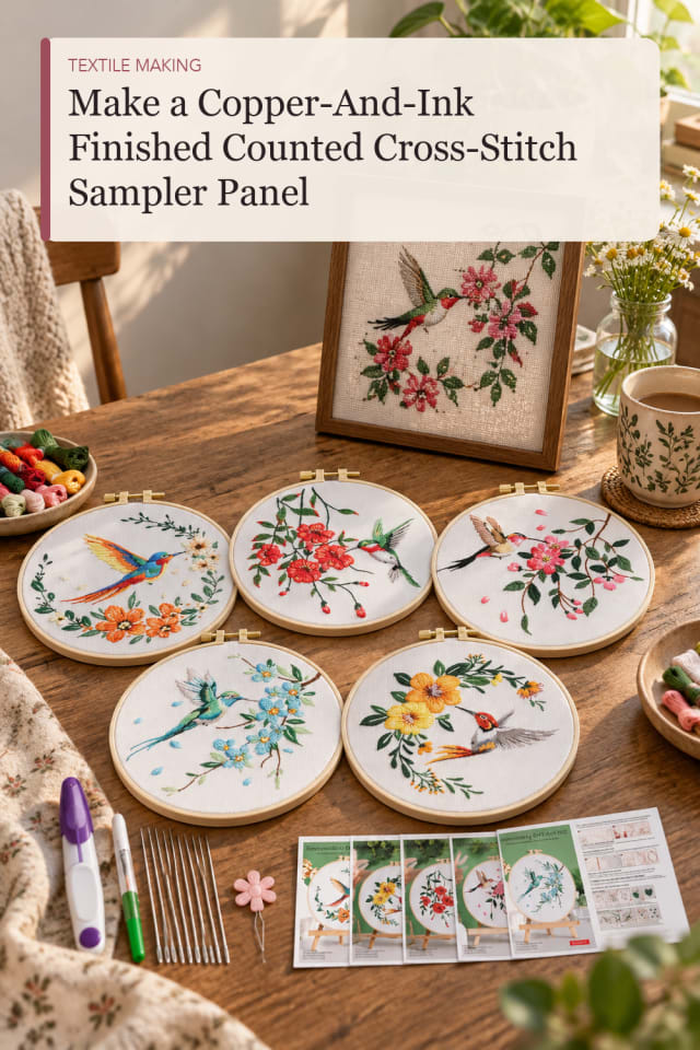 Copper And Ink Finished Counted Cross Stitch Sampler Panel — Sewing and Textile Project Inspiration maker-lifestyle pin