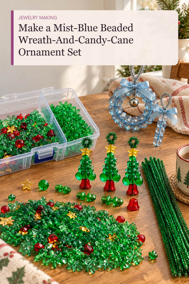 Mist Blue Beaded Wreath And Candy Cane Ornament Set — Jewelry Making Project Inspiration for Makers maker-lifestyle pin