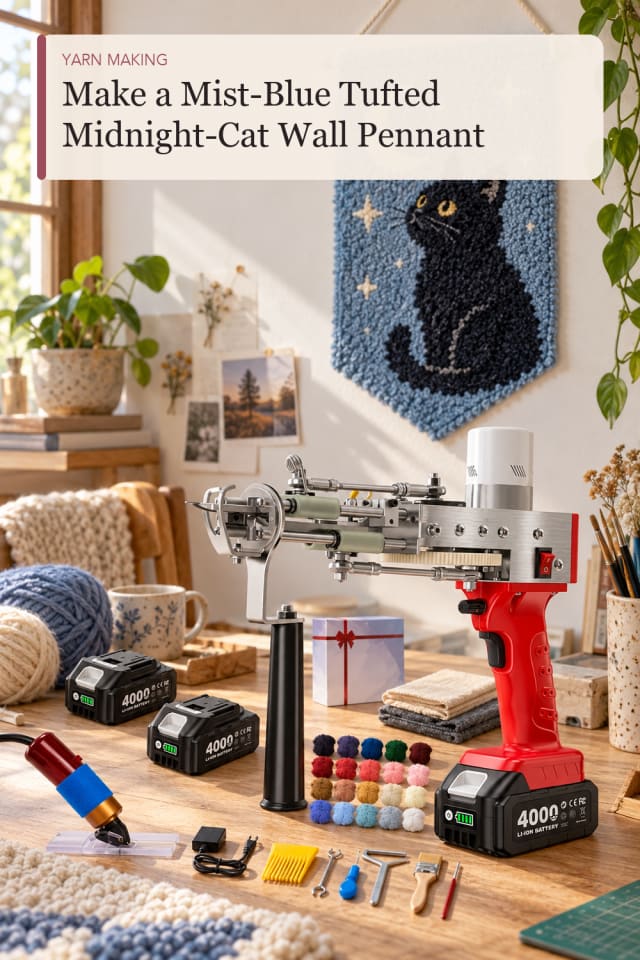 Mist Blue Tufted Midnight Cat Wall Pennant — Creative Crochet and Yarn Project Idea for Craft Lovers maker-lifestyle pin