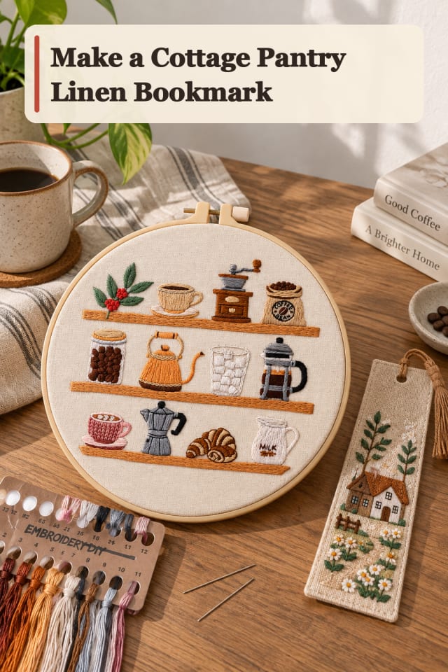 Cottage Pantry Linen Bookmark — Embroidery Project Inspiration maker-lifestyle pin