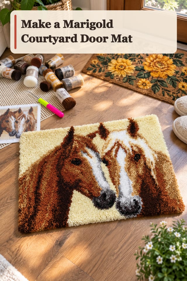 Marigold Courtyard Door Mat — Rug Hooking Project Inspiration maker-lifestyle pin
