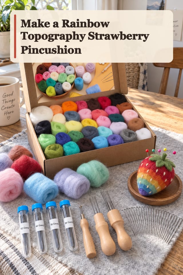 Rainbow Topography Strawberry Pincushion — Needle Felting Project Inspiration maker-lifestyle pin