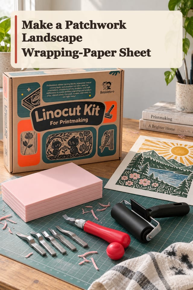 Patchwork Landscape Wrapping Paper Sheet — Block Printing Project Inspiration maker-lifestyle pin