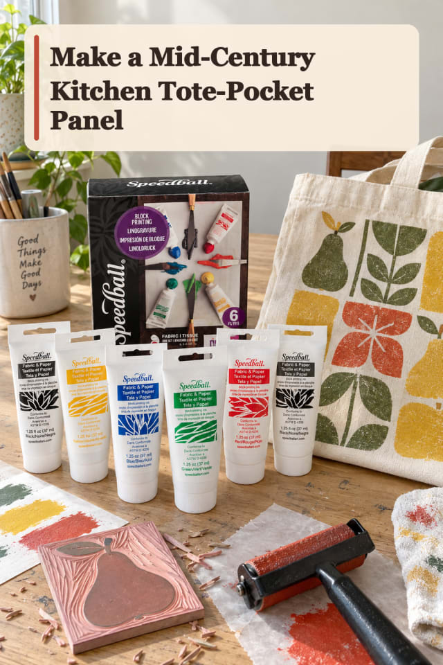 Mid Century Kitchen Tote Pocket Panel — Block Printing Project Inspiration maker-lifestyle pin