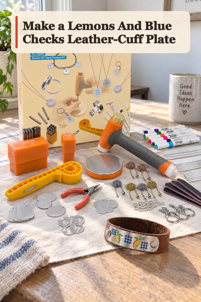 Lemons And Blue Checks Leather Cuff Plate — Metal Embossing Project Inspiration maker-lifestyle pin