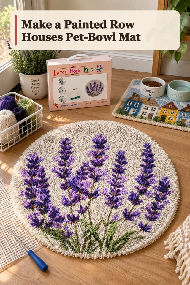 Painted Row Houses Pet Bowl Mat — Rug Hooking Project Inspiration maker-lifestyle pin