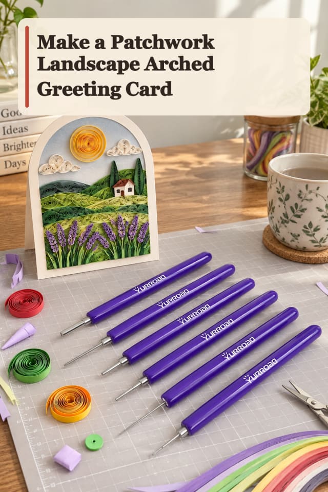 Patchwork Landscape Arched Greeting Card — Paper Quilling Project Inspiration maker-lifestyle pin