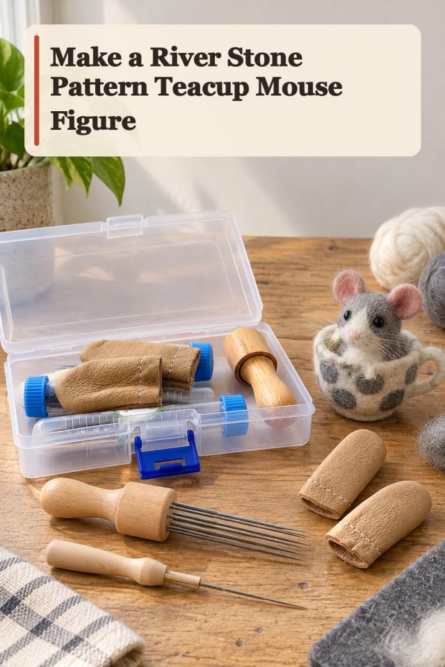 River Stone Pattern Teacup Mouse Figure — Needle Felting Project Inspiration maker-lifestyle pin