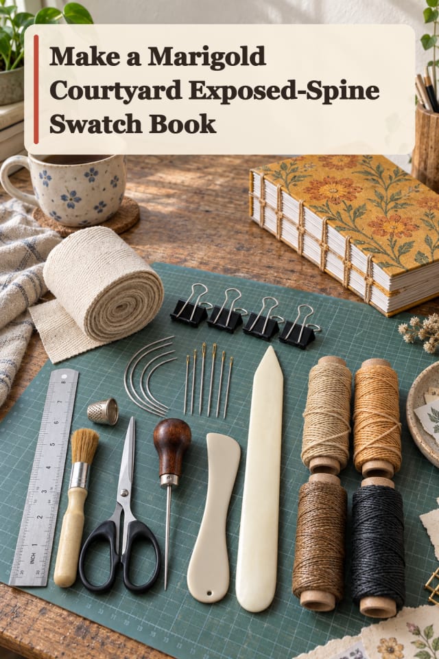 Marigold Courtyard Exposed Spine Swatch Book — Bookbinding Project Inspiration maker-lifestyle pin