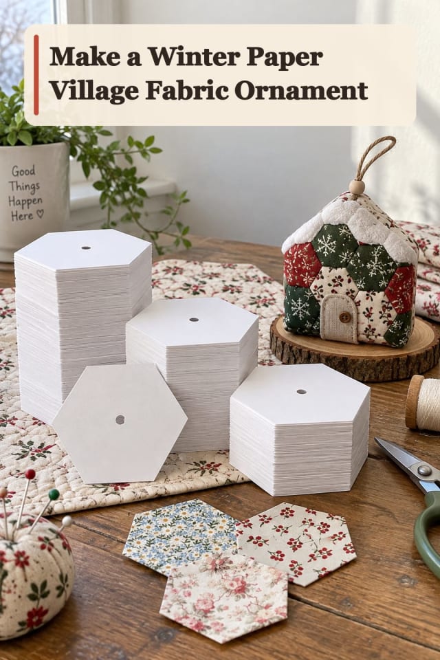 Winter Paper Village Fabric Ornament With English Paper Piecing Supplies maker-lifestyle pin