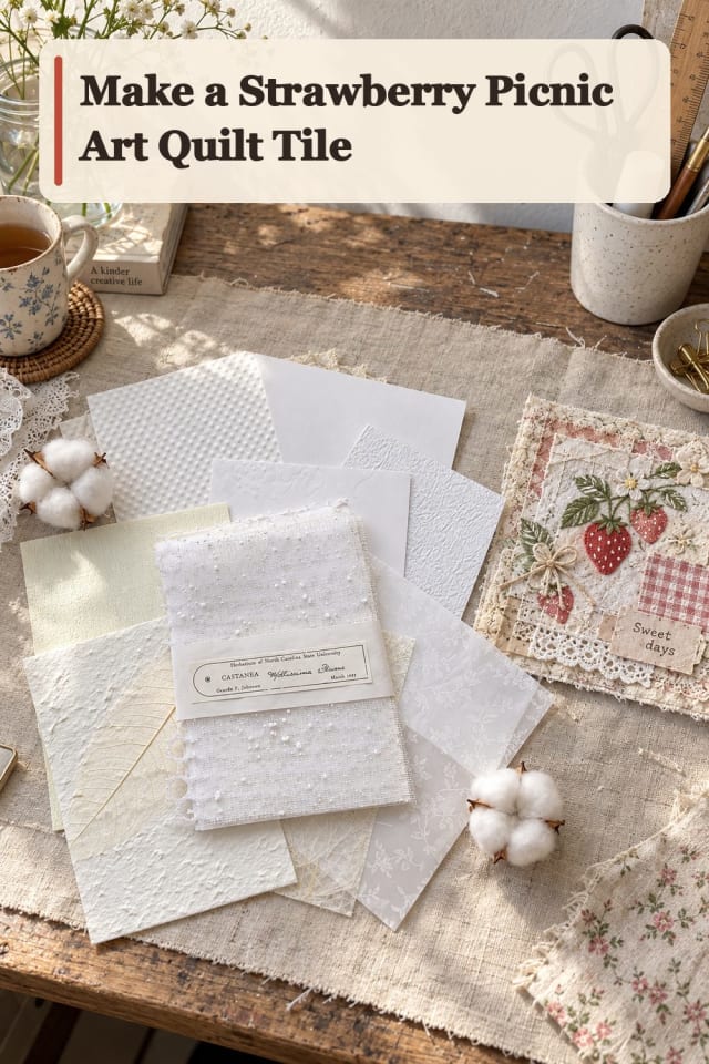 Strawberry Picnic Art Quilt Tile With Fabric Collage Supplies maker-lifestyle pin