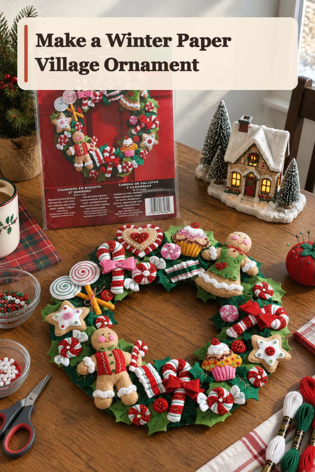 Winter Paper Village Ornament With Felt Applique Supplies maker-lifestyle pin