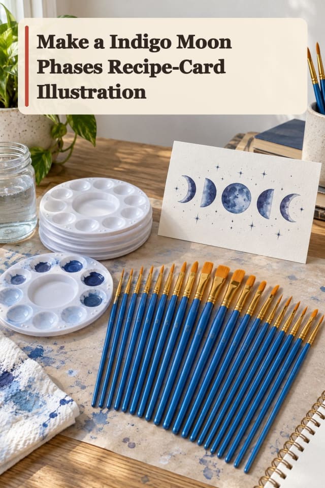 Indigo Moon Phases Recipe Card Illustration With Gouache Supplies maker-lifestyle pin