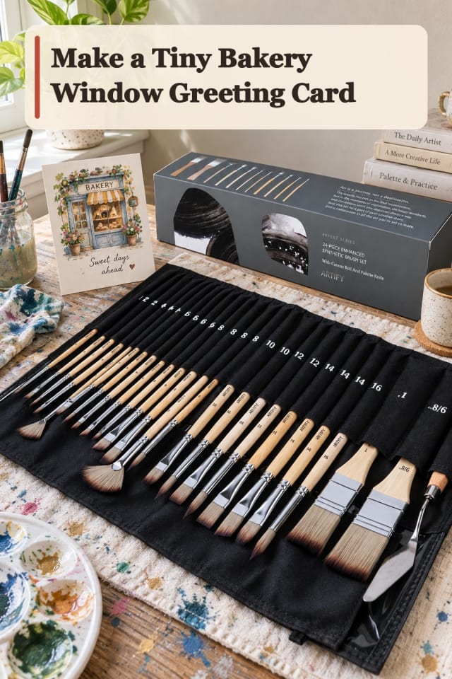 Tiny Bakery Window Greeting Card With Gouache Supplies maker-lifestyle pin