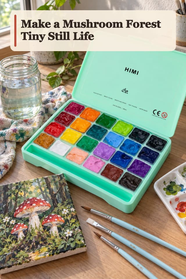 Mushroom Forest Tiny Still Life With Gouache Supplies maker-lifestyle pin