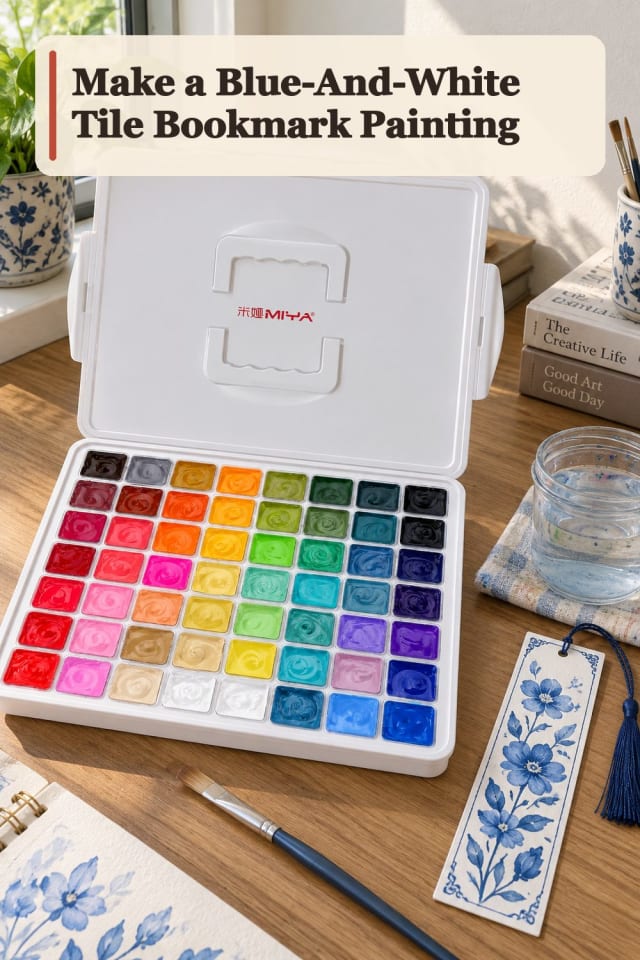 Blue And White Tile Bookmark Painting With Gouache Supplies maker-lifestyle pin