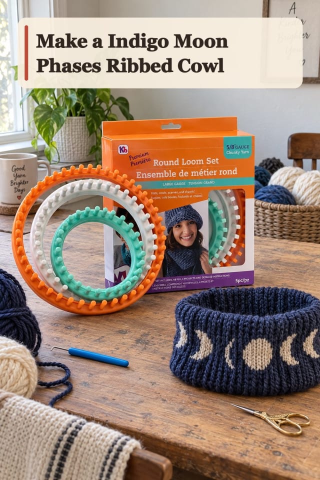 Indigo Moon Phases Ribbed Cowl With Knitting Loom Supplies maker-lifestyle pin