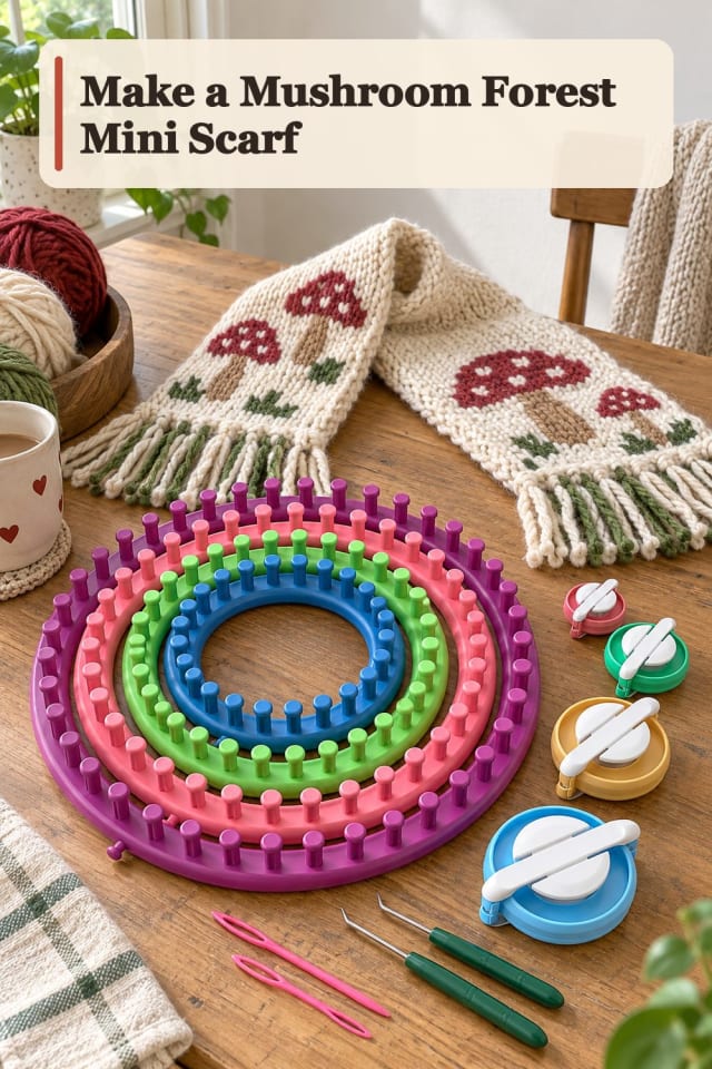 Mushroom Forest Mini Scarf With Knitting Loom Supplies maker-lifestyle pin
