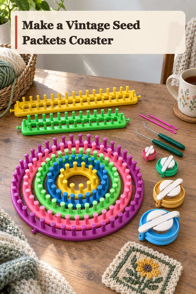 Vintage Seed Packets Coaster With Knitting Loom Supplies maker-lifestyle pin