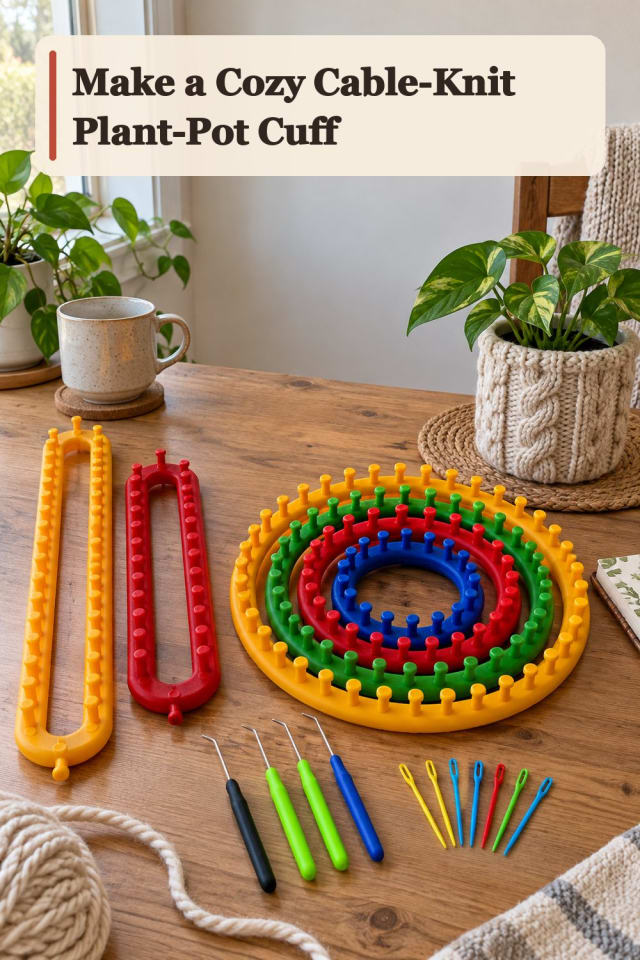Cozy Cable Knit Plant Pot Cuff With Knitting Loom Supplies maker-lifestyle pin