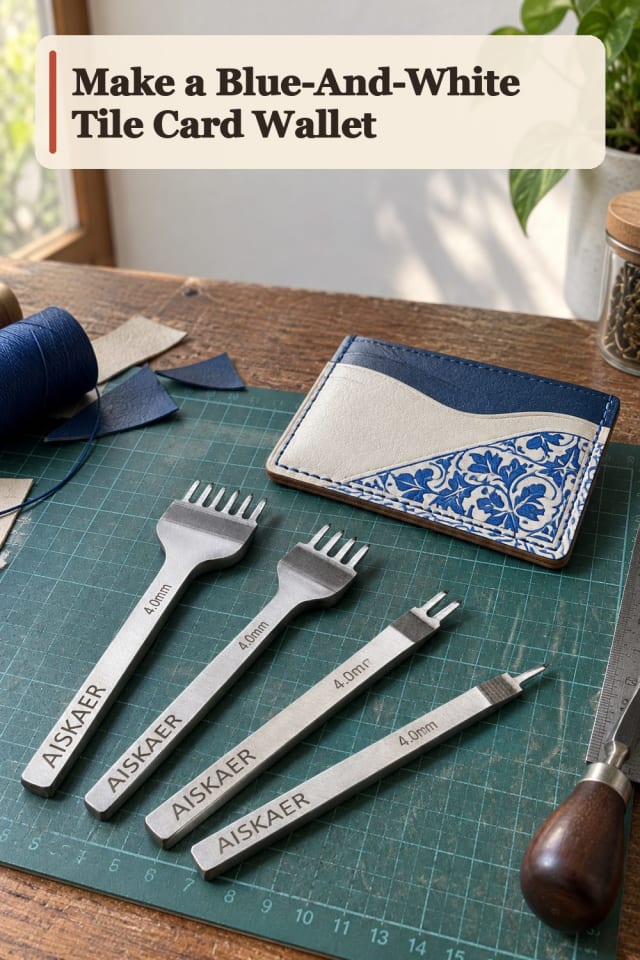 Blue And White Tile Card Wallet With Leather Craft Supplies maker-lifestyle pin