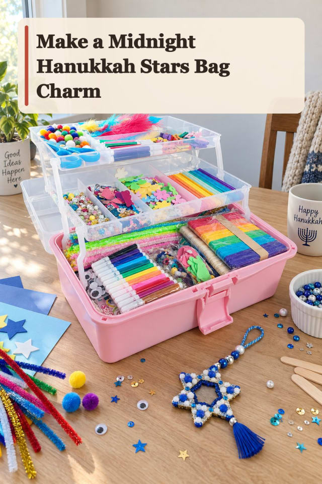 Midnight Hanukkah Stars Bag Charm With Pom Pom Crafts Supplies maker-lifestyle pin