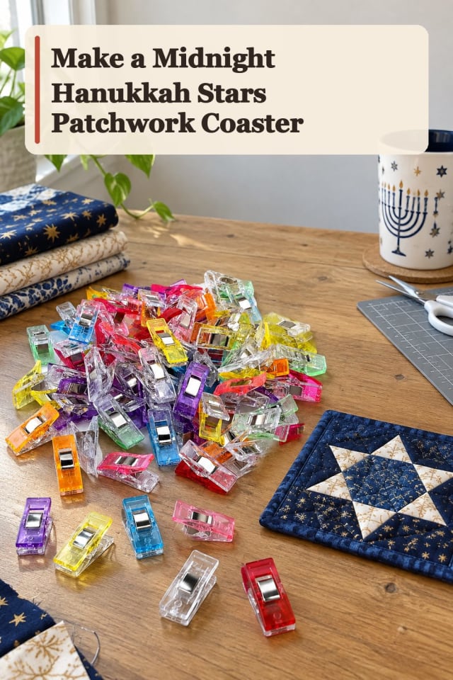 Midnight Hanukkah Stars Patchwork Coaster With Quilting Tools Supplies maker-lifestyle pin