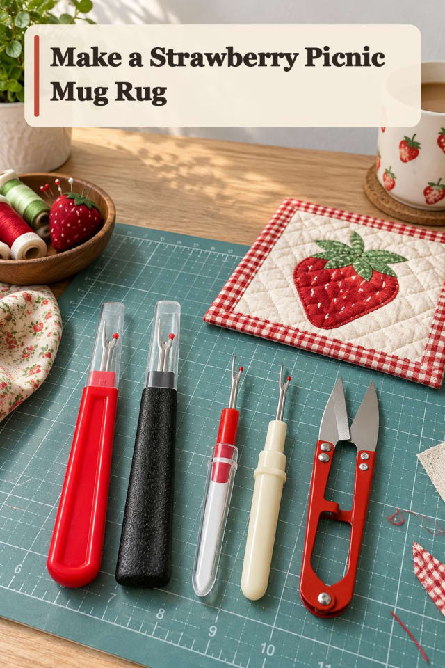 Strawberry Picnic Mug Rug With Quilting Tools Supplies maker-lifestyle pin