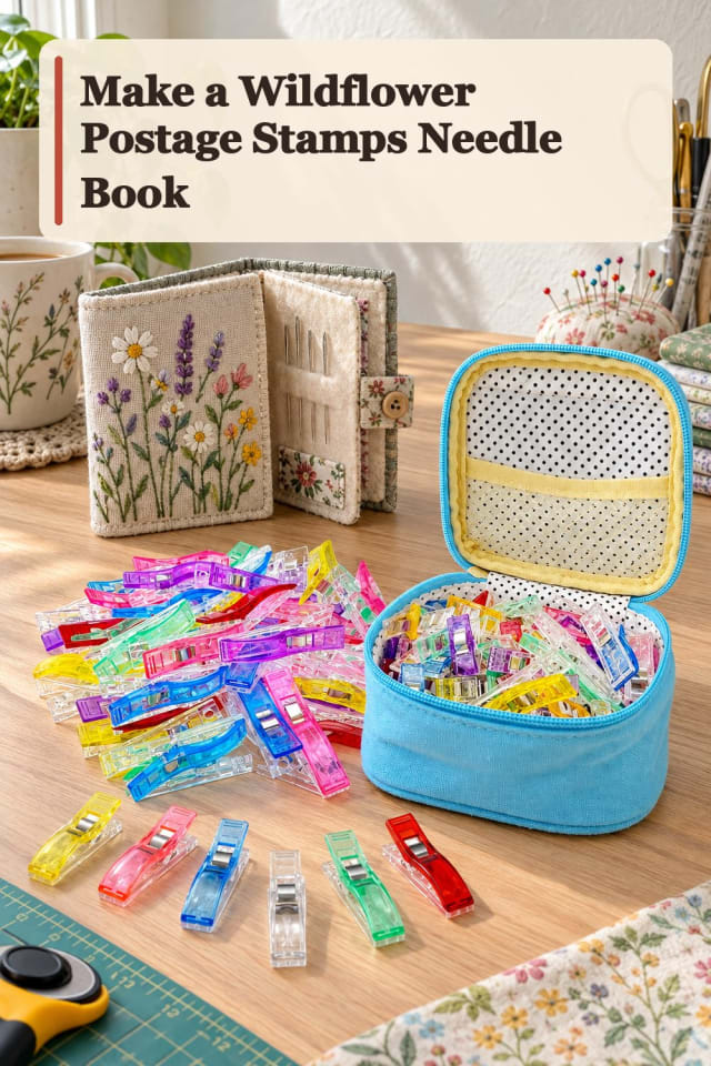 Wildflower Postage Stamps Needle Book With Quilting Tools Supplies maker-lifestyle pin